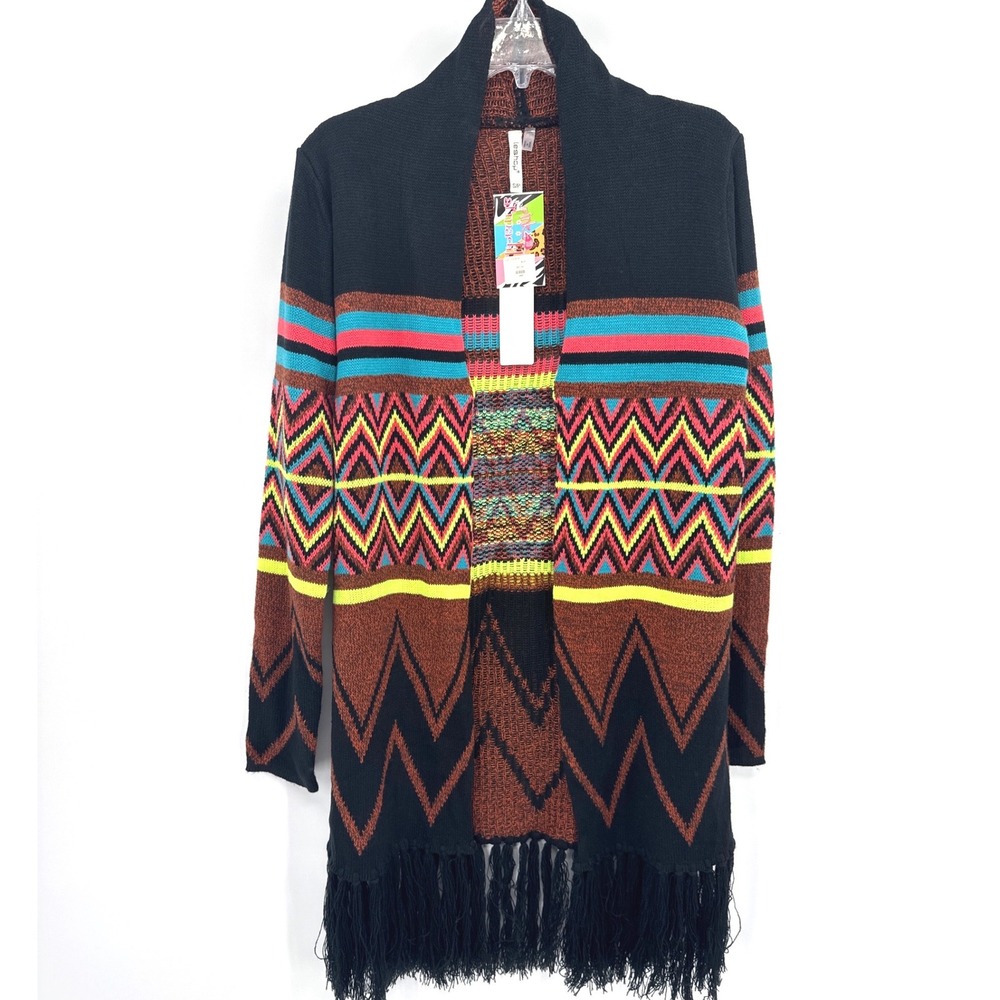 Boutique Long Cardigan S Black Southwestern Fringe Boho Western Aztec NWT